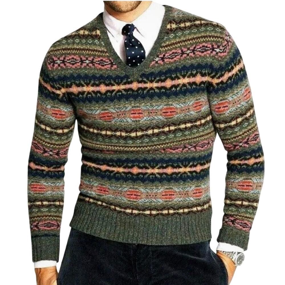POLO RALPH LAUREN LAMBS WOOL ALPACA JACQUARD V-NECK FAIR ISLE SWEATER RARE!!!